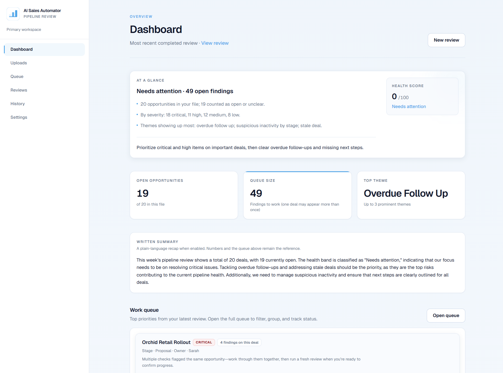 AISalesAutomator app review dashboard and remediation workflow