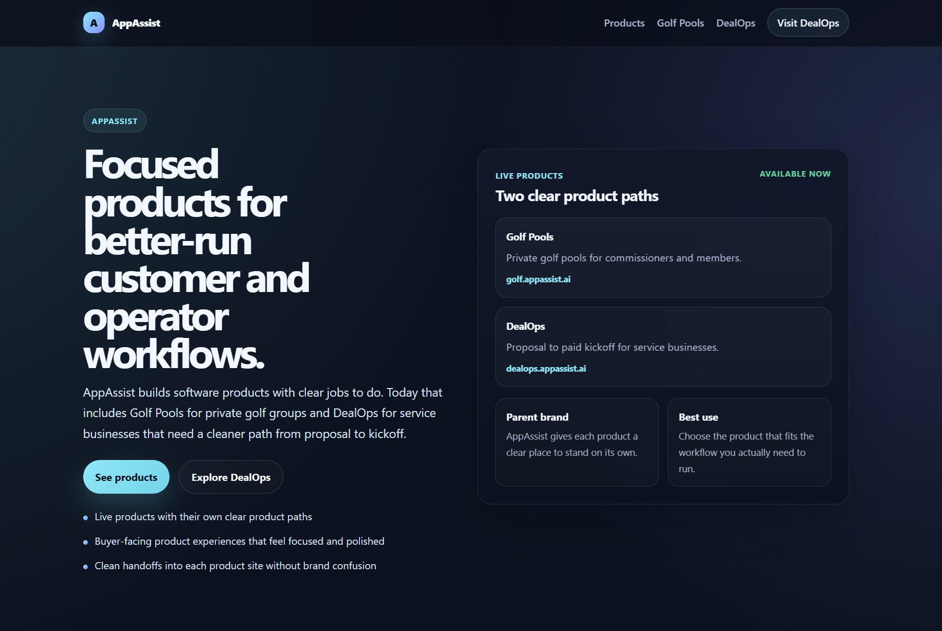 AppAssist site showing product positioning for Golf Pools and DealOps