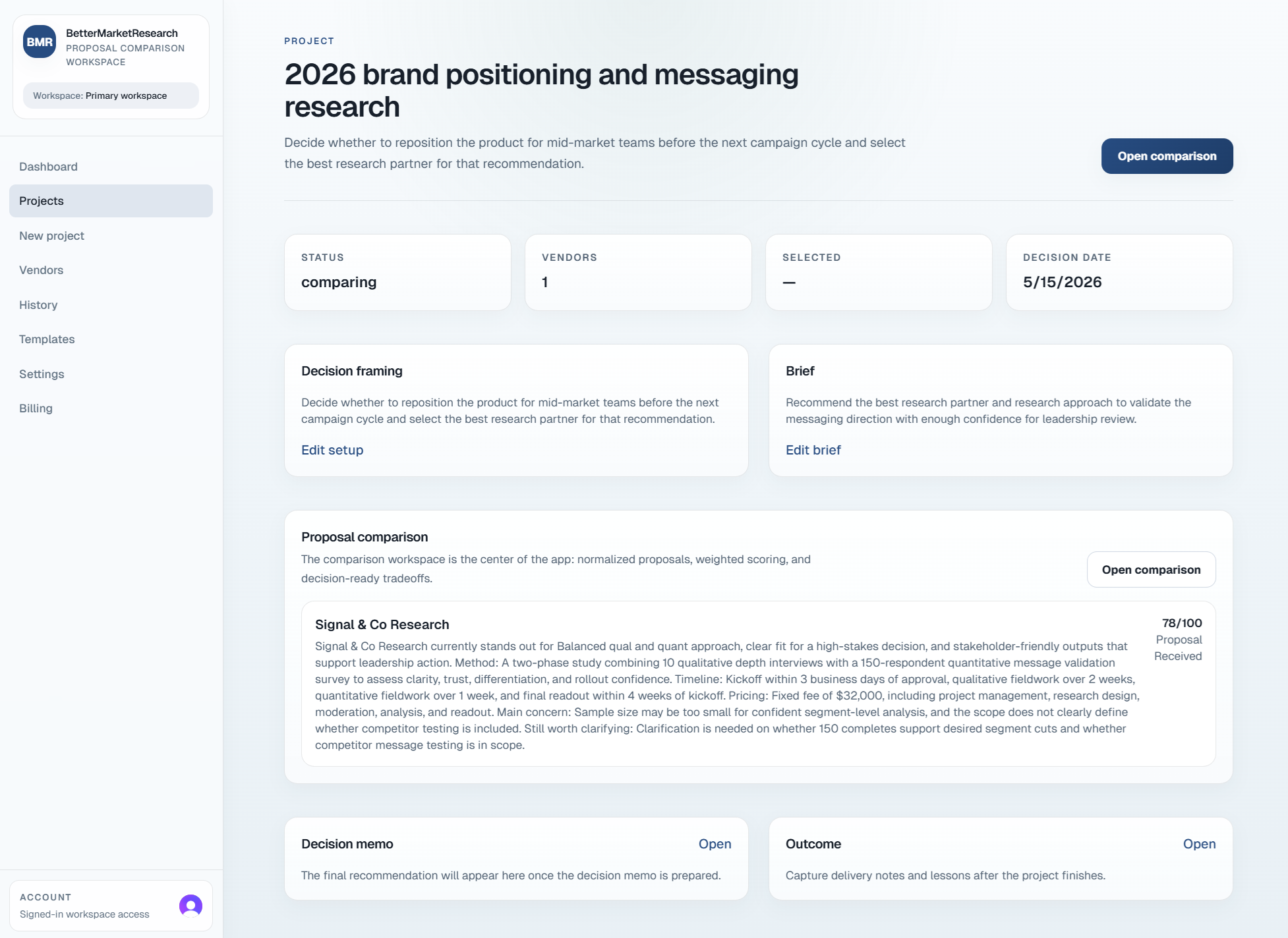 BetterMarketResearch app project and proposal comparison workspace