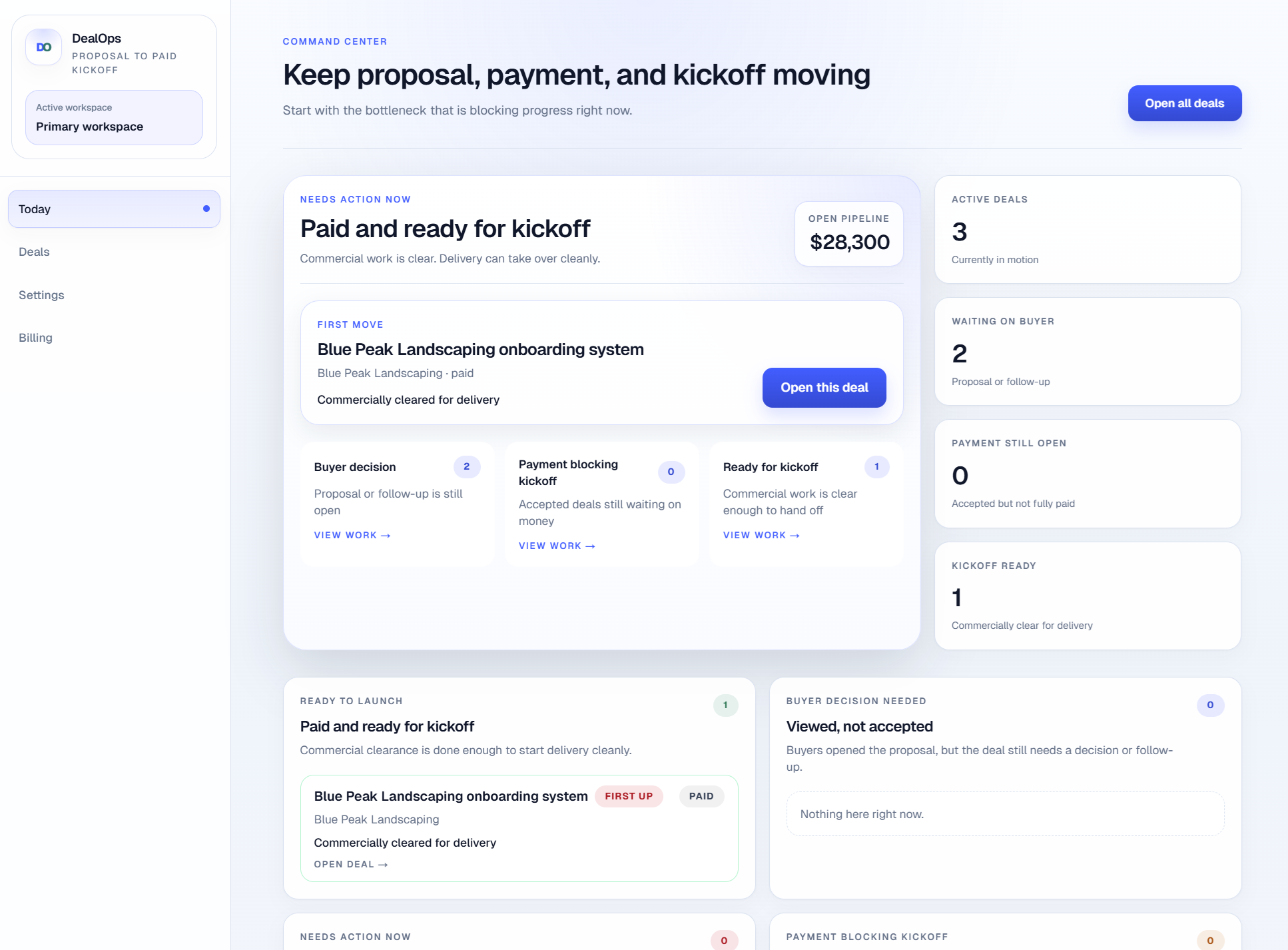 DealOps dashboard showing proposal, payment, and kickoff workflow