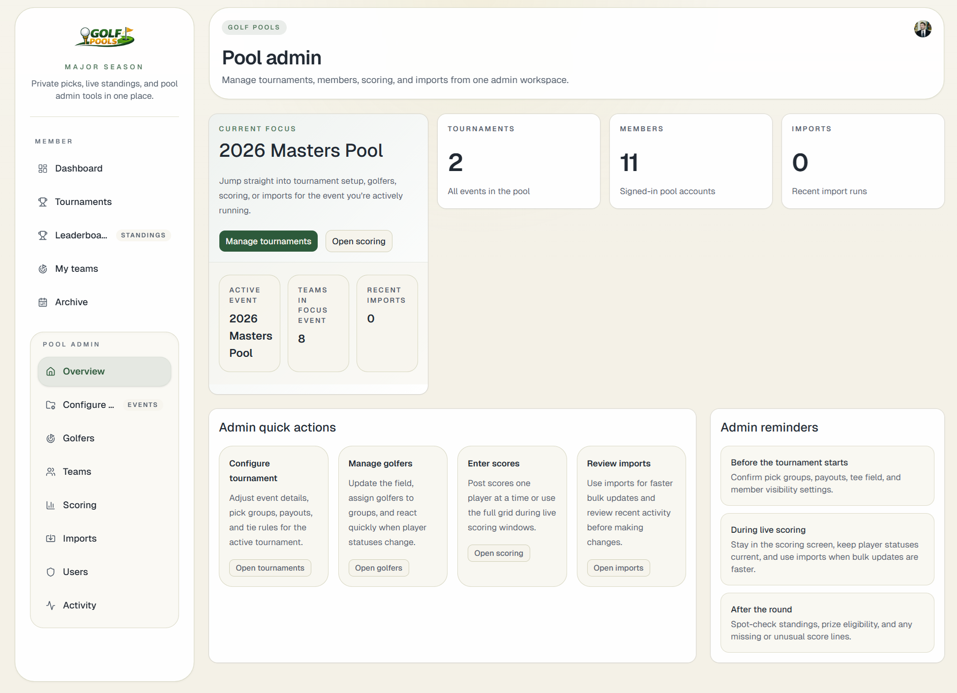 Golf Pools admin screen for commissioner workflow