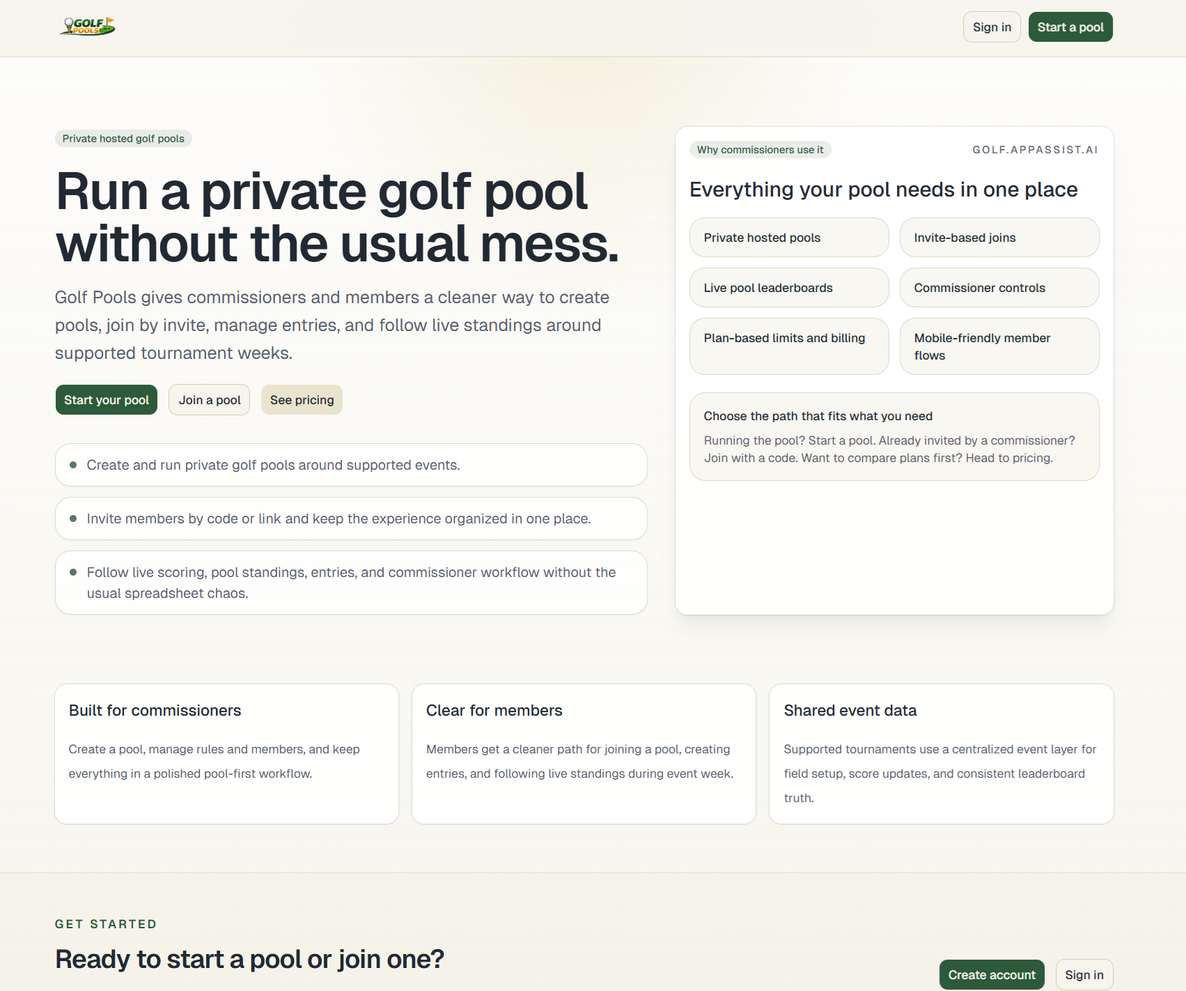 Golf Pools landing page for private hosted golf pools
