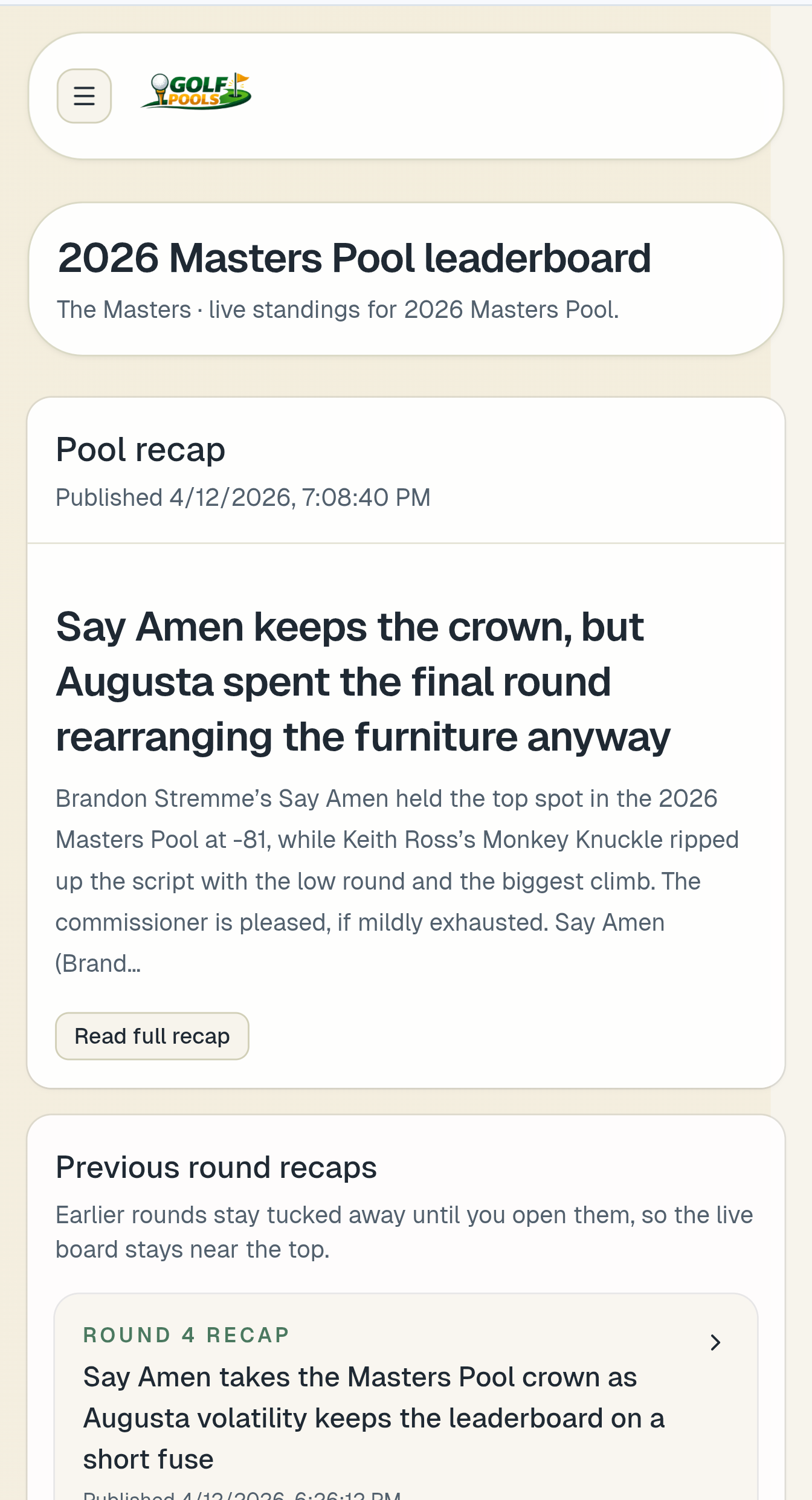 Golf Pools mobile recap screen