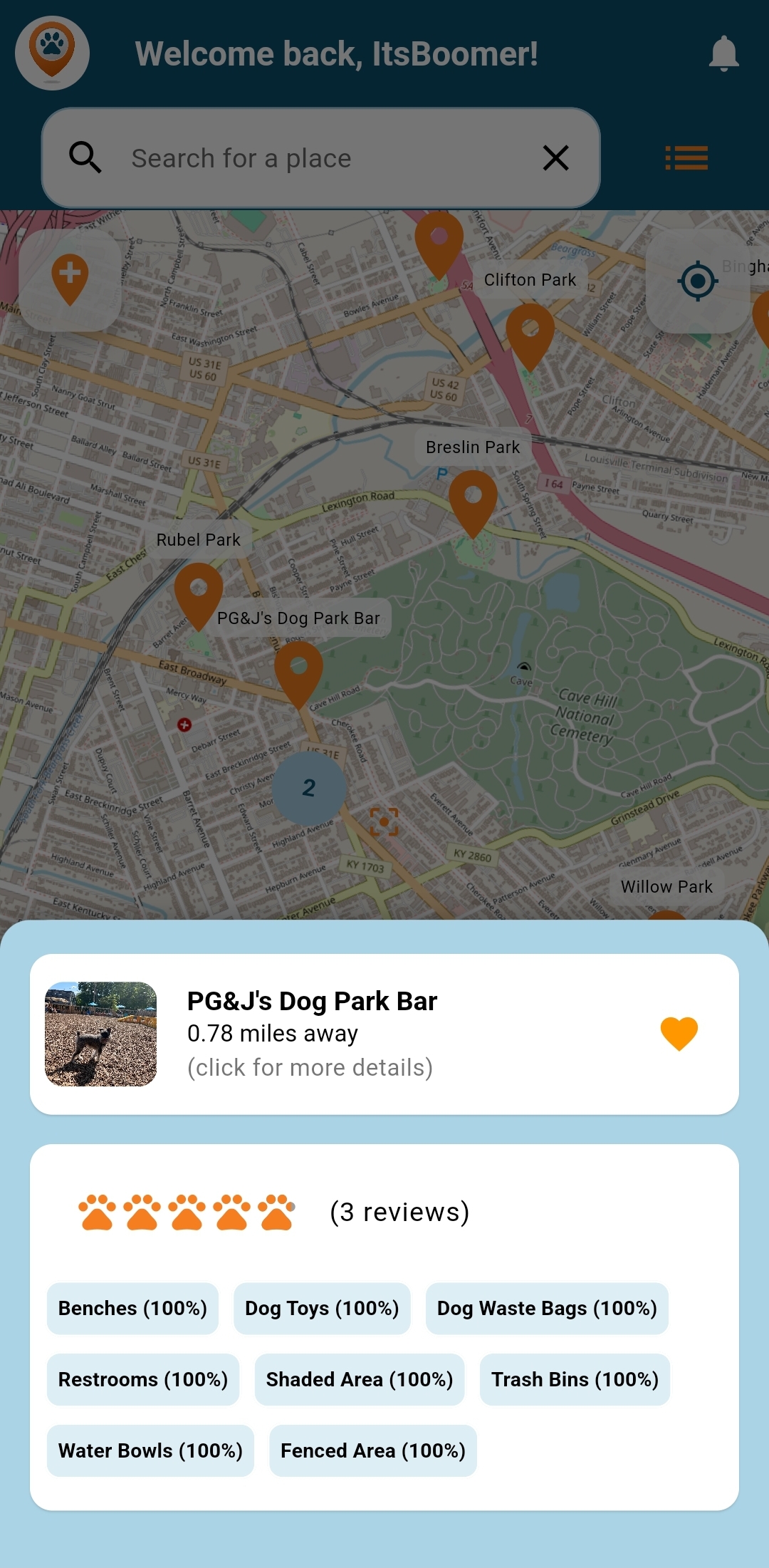mBark mobile application map and detail view