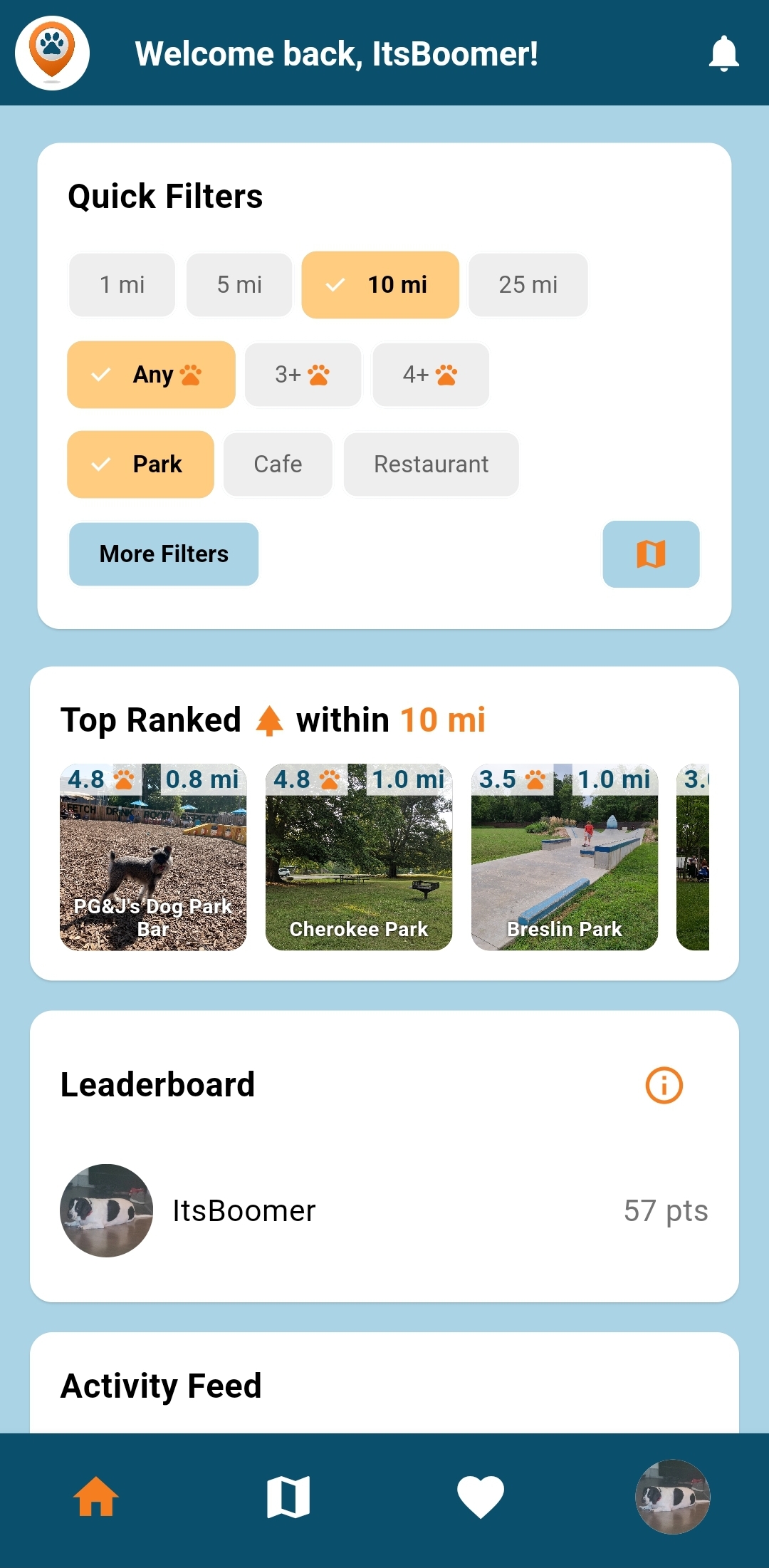 mBark mobile application rankings and filter interface