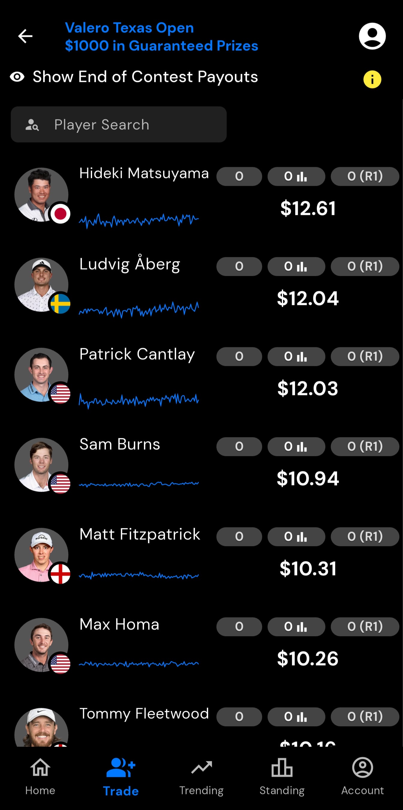Player Options mobile application golf lineup screen