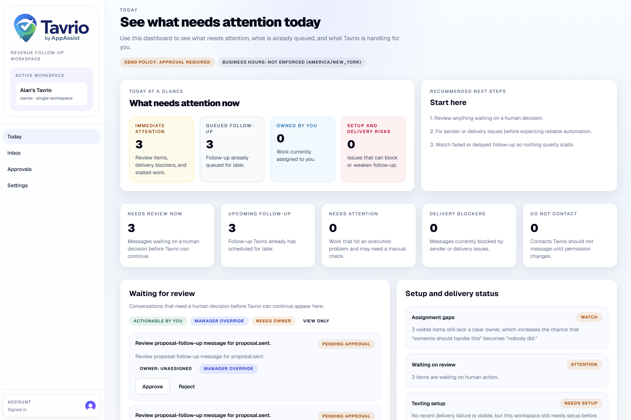 Tavrio dashboard showing controlled messaging follow-through workflows